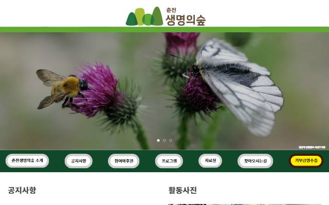 춘천생명의숲 사이트 화면